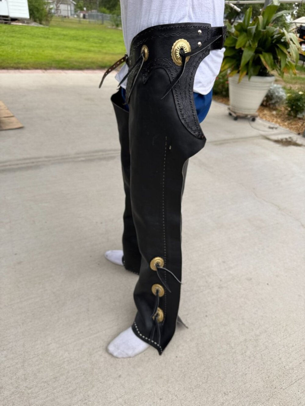 Motorcycle Leather Chaps w Gold Conchos- Black